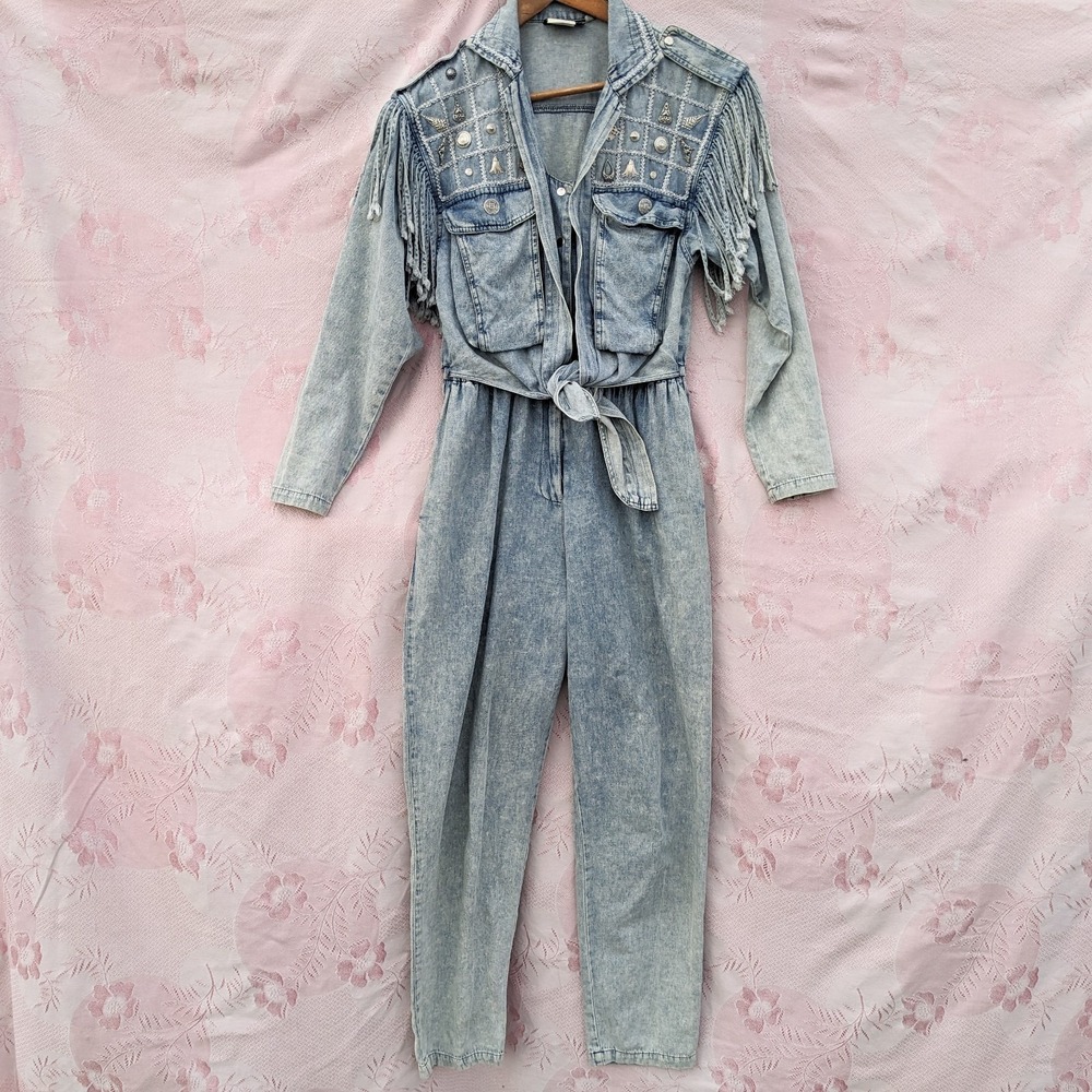 Vintage Varda Garfinkel Western Denim Fringe Jumpsuit S/M Cowgirl Festival Studs